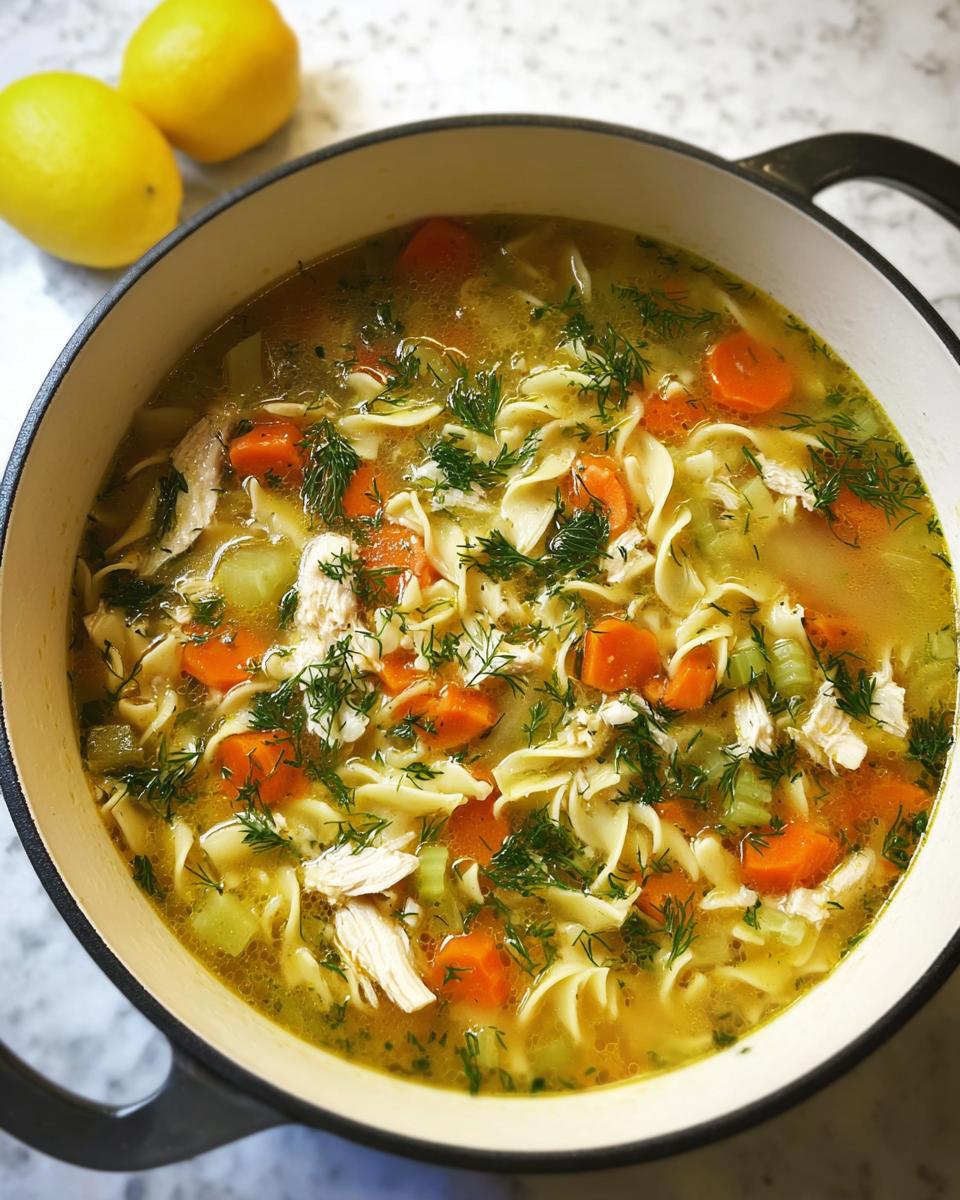 Close-up of Classic Homestyle Chicken Noodle Soup with egg noodles, carrots, celery, and fresh dill in a pot.