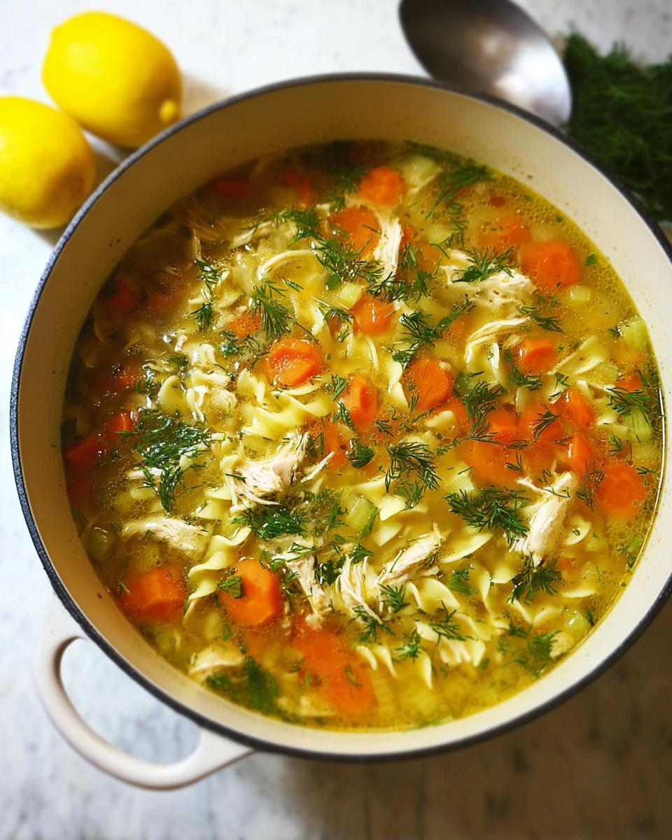 Overhead view of Classic Homestyle Chicken Noodle Soup filled with shredded chicken, carrots, noodles, and fresh dill in a white pot.
