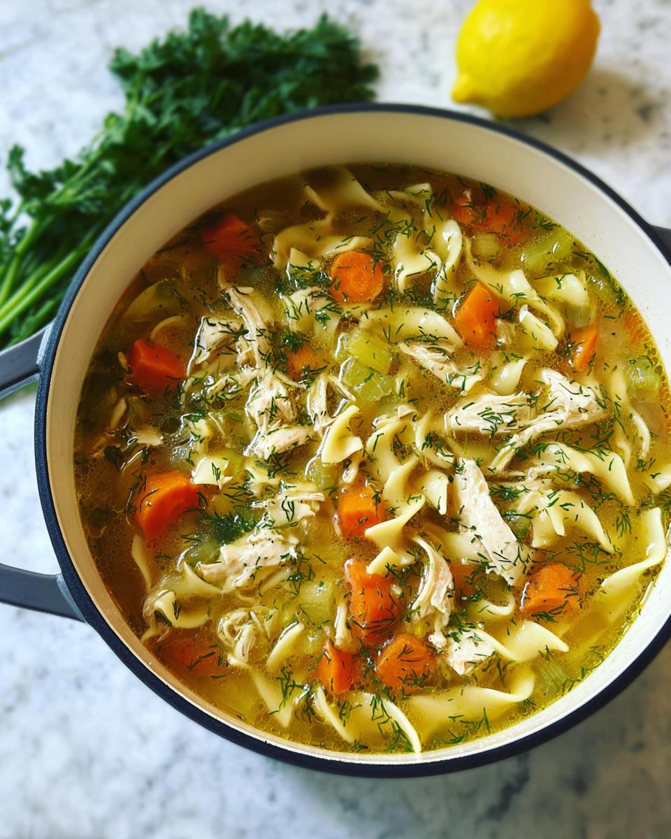 Close-up overhead view of Classic Homestyle Chicken Noodle Soup filled with broth, egg noodles, shredded chicken, carrots, and dill.