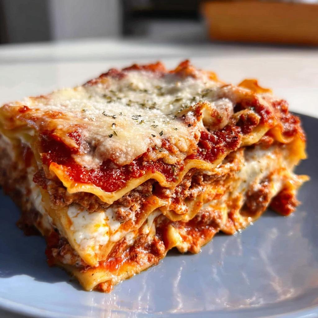 A close-up of a thick, layered slice of Classic Meat and Cheese Baked Lasagna on a blue plate.