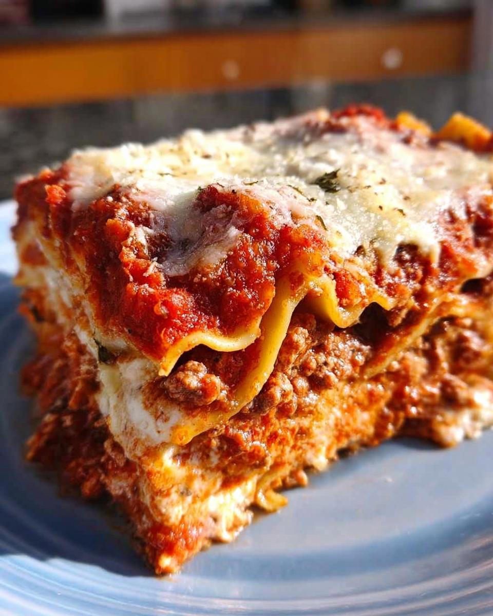 Close-up of a perfectly layered slice of Classic Meat and Cheese Baked Lasagna with melted cheese topping.