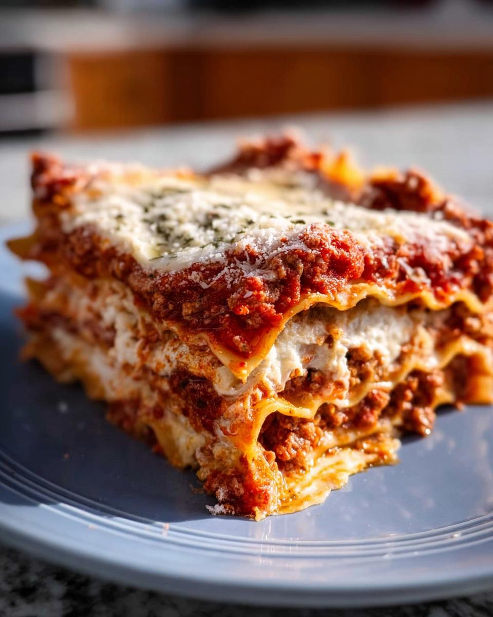 A thick, layered slice of Classic Meat and Cheese Baked Lasagna topped with melted cheese and herbs on a blue plate.