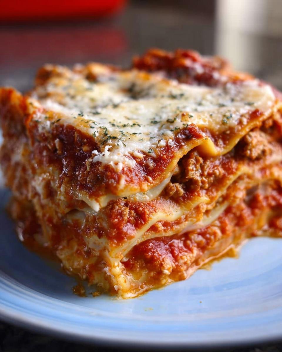 Close-up of a thick, layered slice of Classic Meat and Cheese Baked Lasagna on a blue plate.