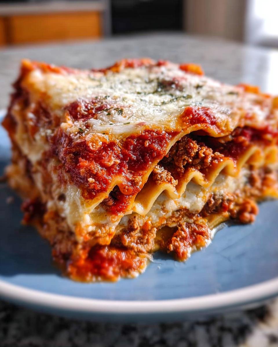 A close-up, appetizing slice of Classic Meat and Cheese Baked Lasagna with layers of pasta, meat sauce, and melted cheese.