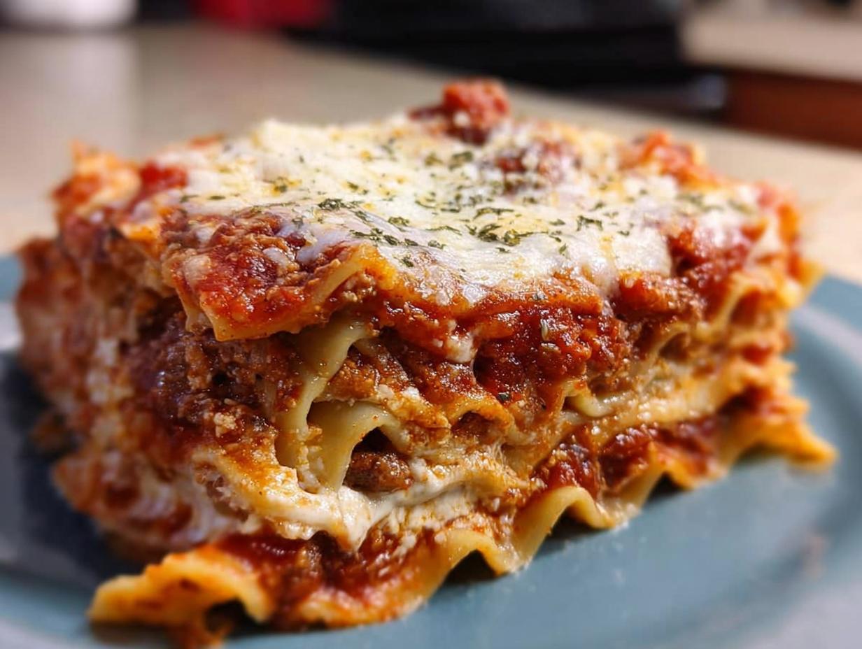 Close-up of a thick, layered slice of Classic Meat and Cheese Baked Lasagna with melted cheese and herbs.