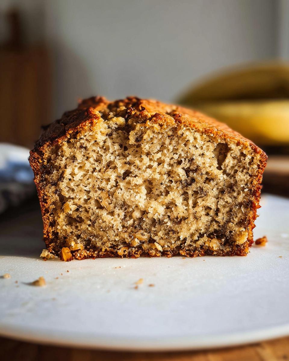 Close-up of the moist, dense crumb texture of Classic Moist Banana Bread, showing dark banana flecks.