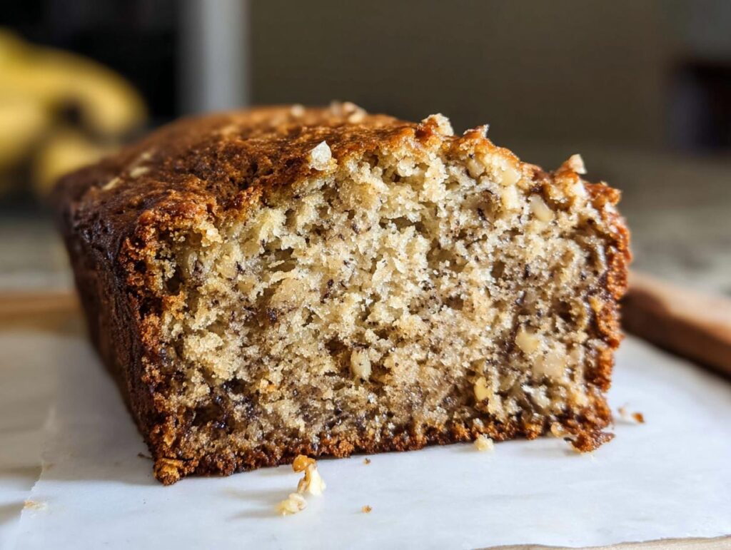 Close-up of a slice showing the moist, dense crumb and nuts in the Classic Moist Banana Bread.