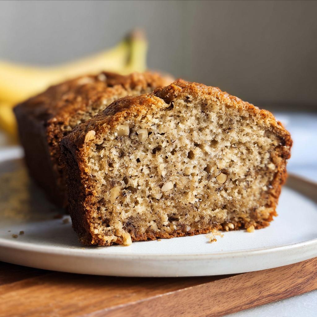 Close-up of a moist slice of Classic Moist Banana Bread showing a tender crumb and visible walnuts.