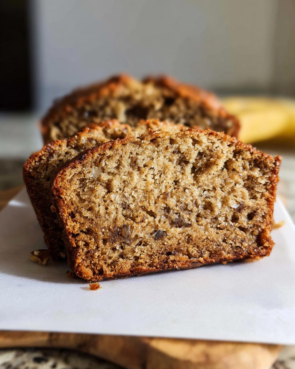 Close-up of two thick slices showing the moist crumb texture of Classic Moist Banana Bread.