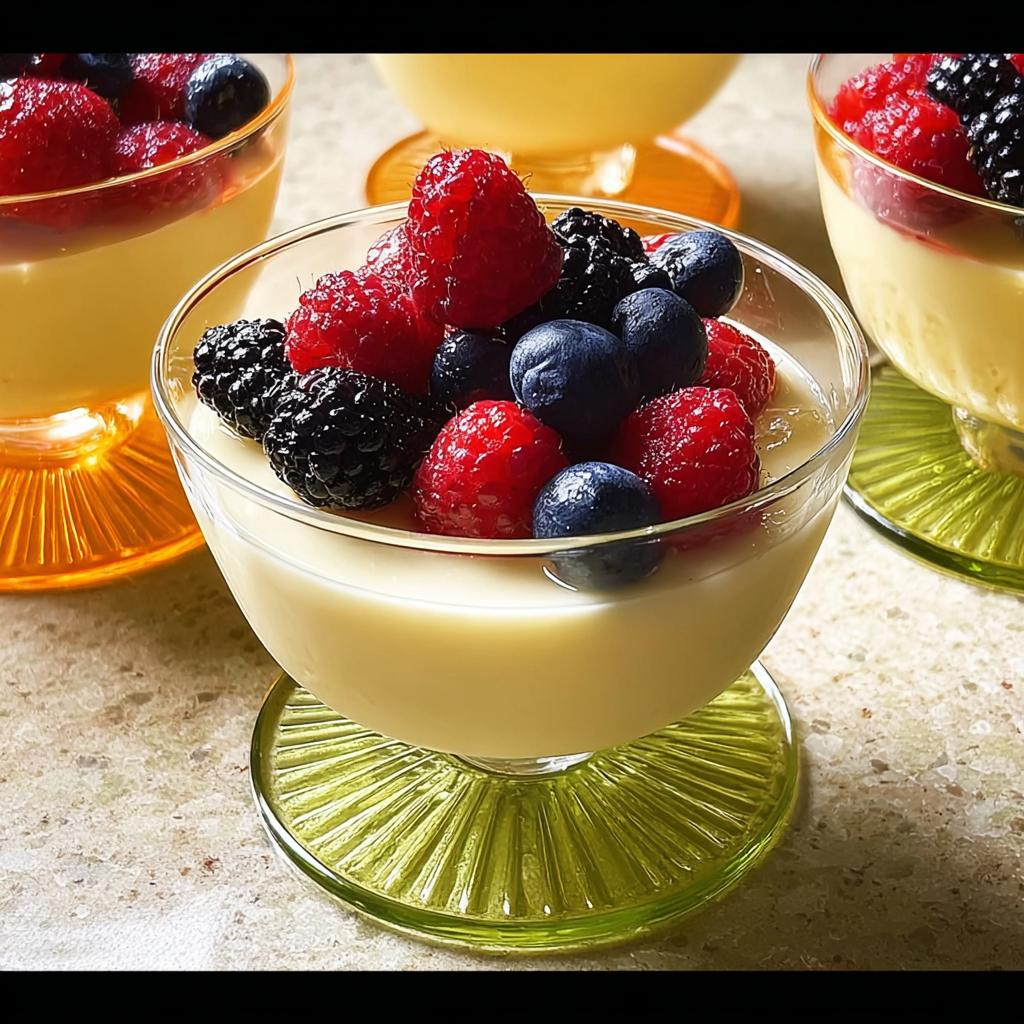 Close-up of Classic Vanilla Bean Panna Cotta topped generously with fresh raspberries, blueberries, and blackberries.