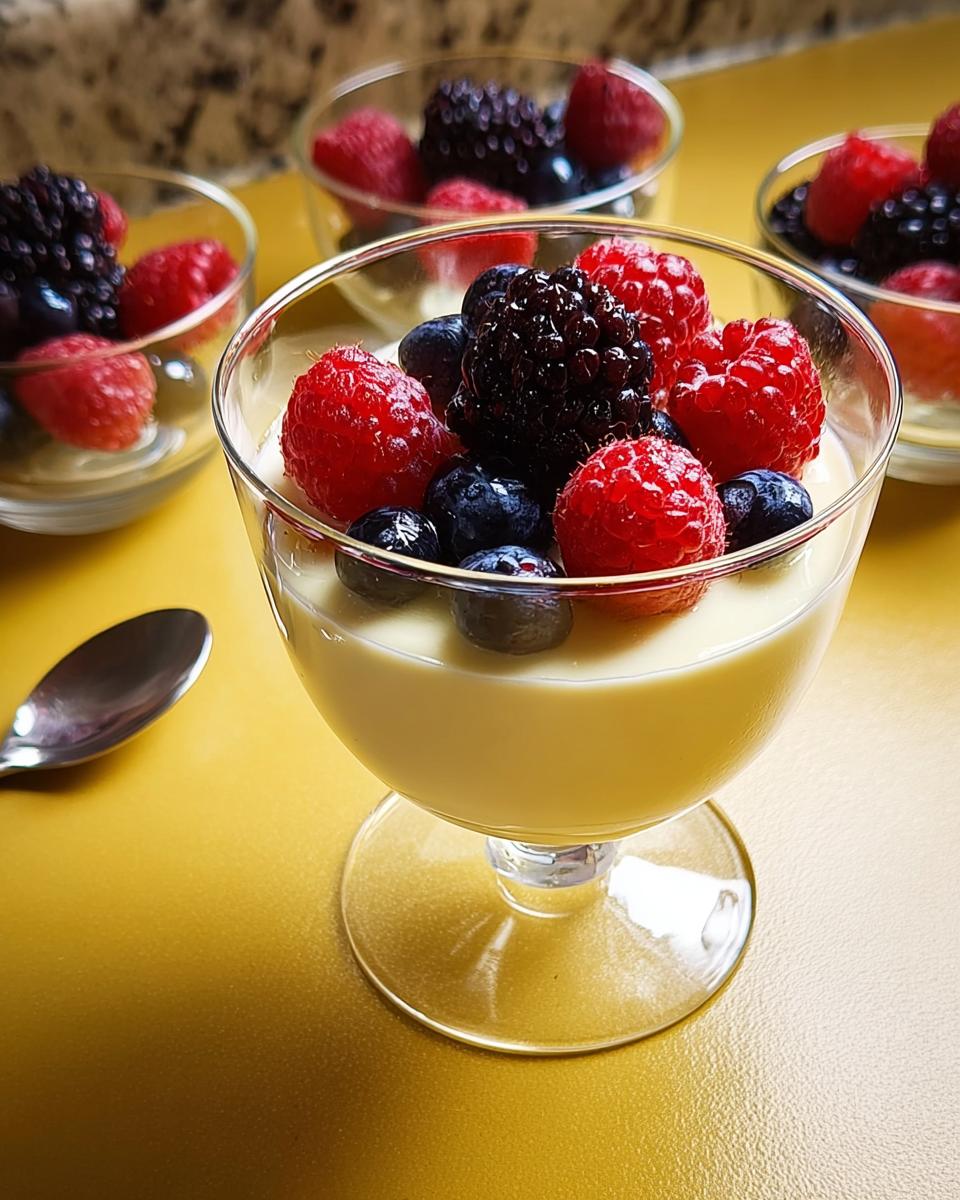 Close-up of Classic Vanilla Bean Panna Cotta topped with fresh raspberries, blueberries, and blackberries in a stemmed glass.