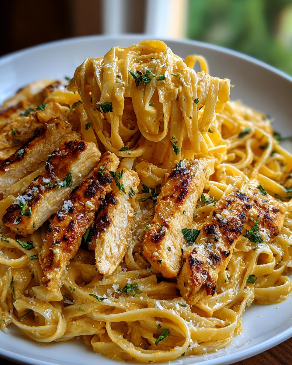 A close-up of a plate piled high with creamy Cowboy Butter Chicken Linguine, featuring grilled chicken strips and fresh parsley.
