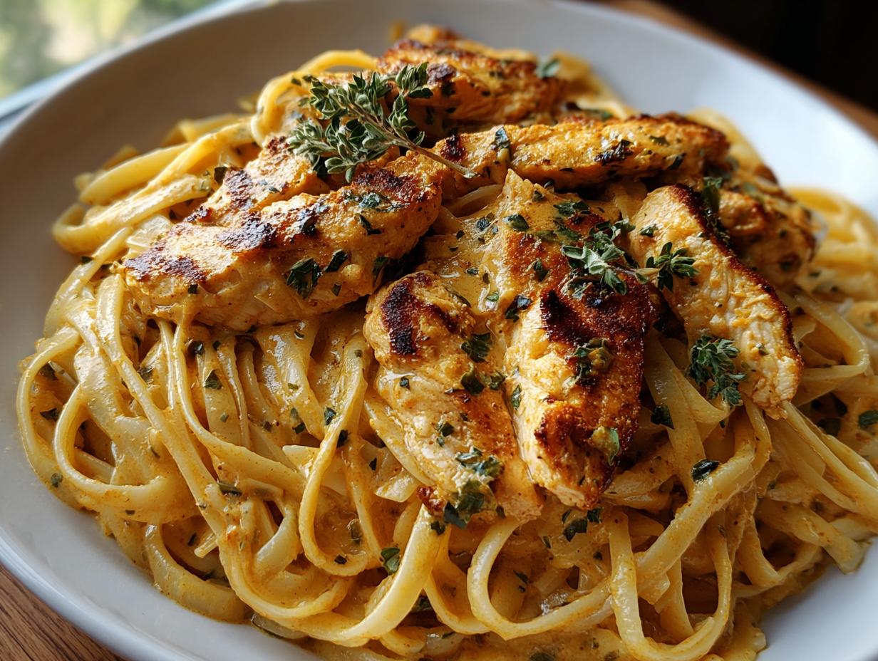Close-up of Cowboy Butter Chicken Linguine tossed in a creamy, savory sauce and topped with grilled chicken strips and fresh thyme.
