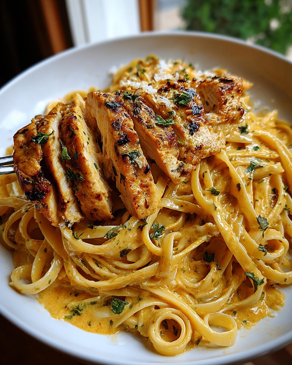 Close-up of Cowboy Butter Chicken Linguine topped with sliced, grilled chicken breast and fresh parsley.