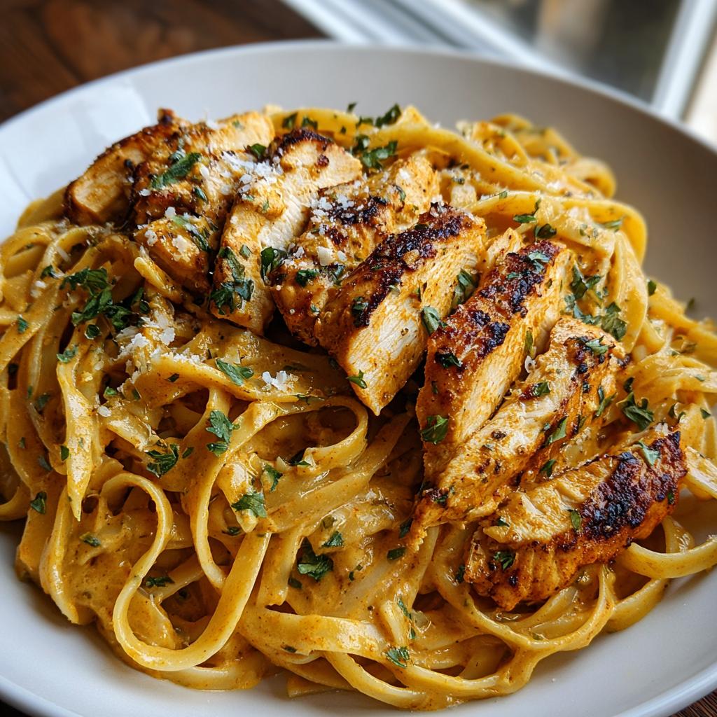 A close-up of Cowboy Butter Chicken Linguine tossed in a creamy sauce, topped with sliced, seasoned chicken breast and fresh parsley.
