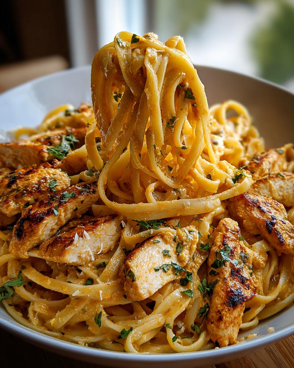 A fork lifting a swirl of linguine coated in creamy sauce from a bowl of Cowboy Butter Chicken Linguine.