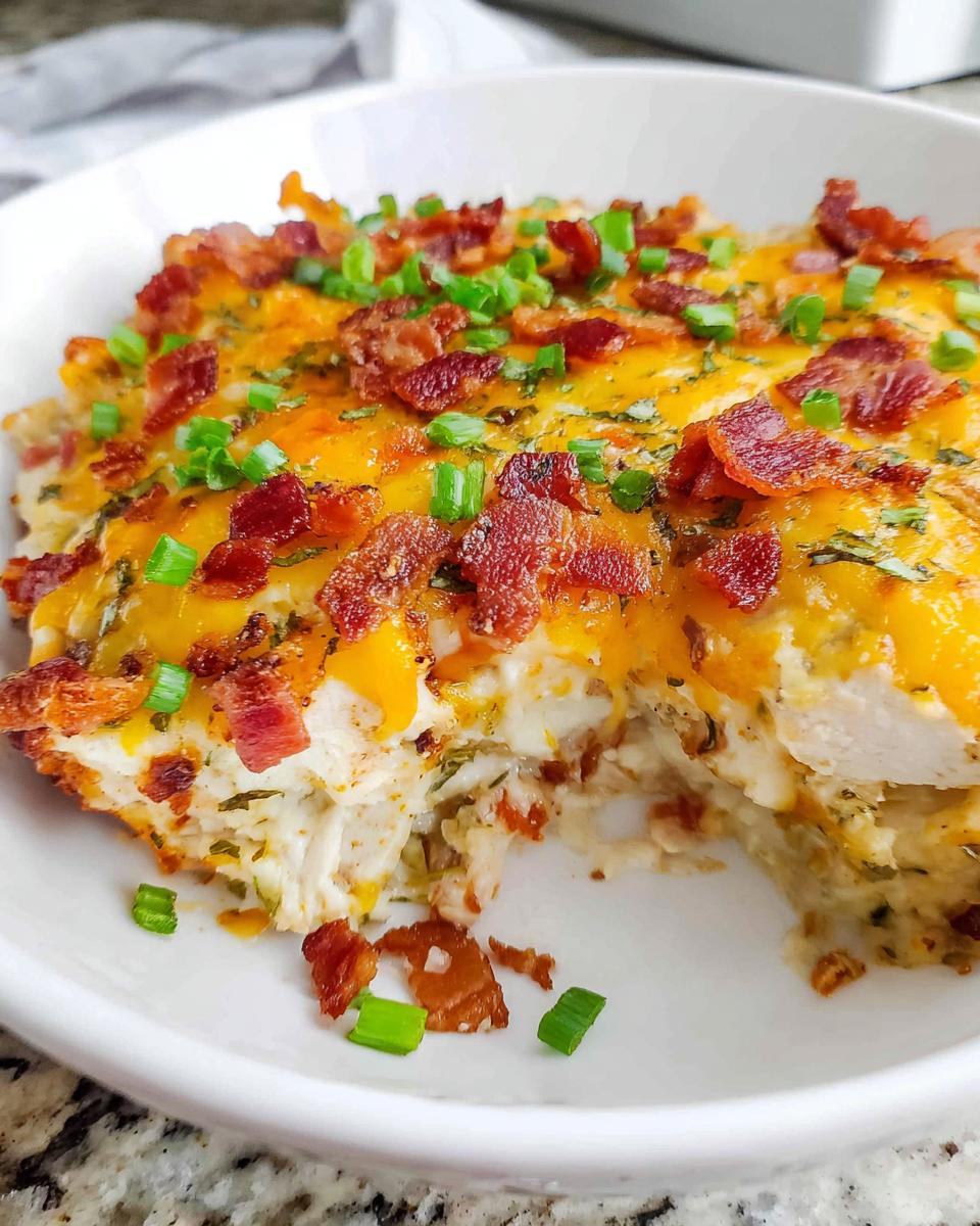A close-up of a serving of Crack Chicken Casserole Bake topped with melted cheddar cheese, bacon bits, and green onions.