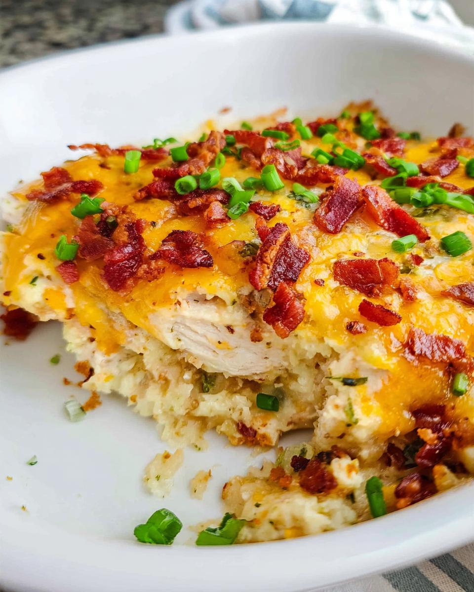 A serving of creamy Crack Chicken Casserole Bake topped with melted cheddar cheese, bacon bits, and fresh green onions.