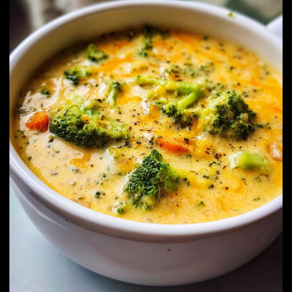 Close-up of a white bowl filled with rich, yellow Creamy Broccoli Cheddar Soup, topped with bright green broccoli florets and black pepper.