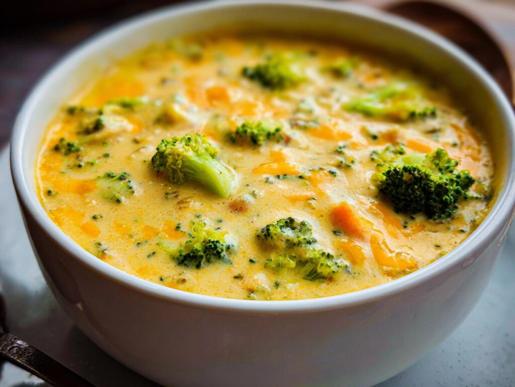 A close-up of a white bowl filled with rich, yellow Creamy Broccoli Cheddar Soup topped with bright green broccoli florets.