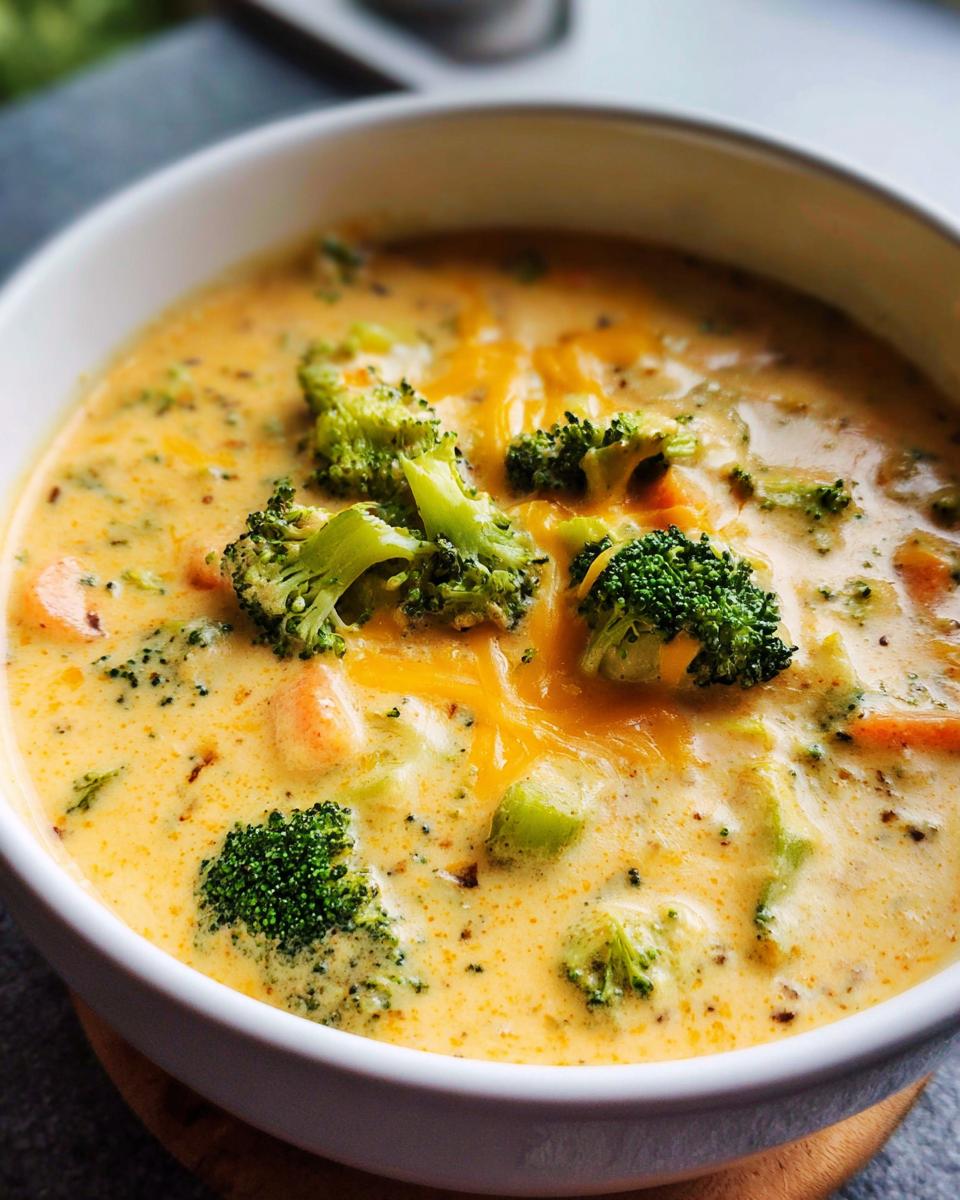 A close-up shot of a white bowl filled with rich, yellow Creamy Broccoli Cheddar Soup, topped with melted cheddar and fresh broccoli florets.