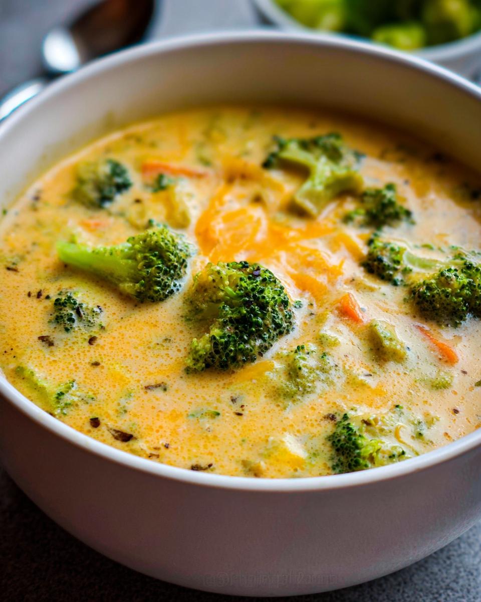 A close-up shot of a white bowl filled with rich, thick Creamy Broccoli Cheddar Soup, featuring bright green broccoli florets and melted cheddar cheese.