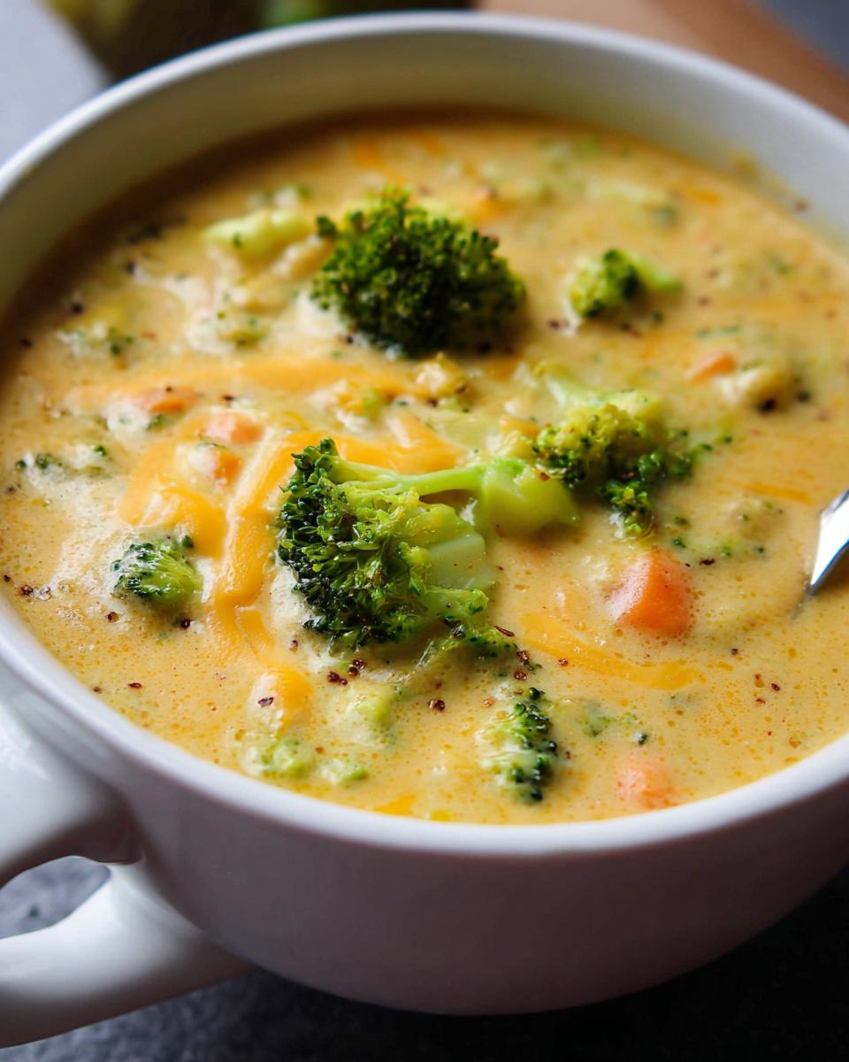 Close-up of a white bowl filled with rich, orange-yellow Creamy Broccoli Cheddar Soup, topped with fresh broccoli florets and melted cheese.
