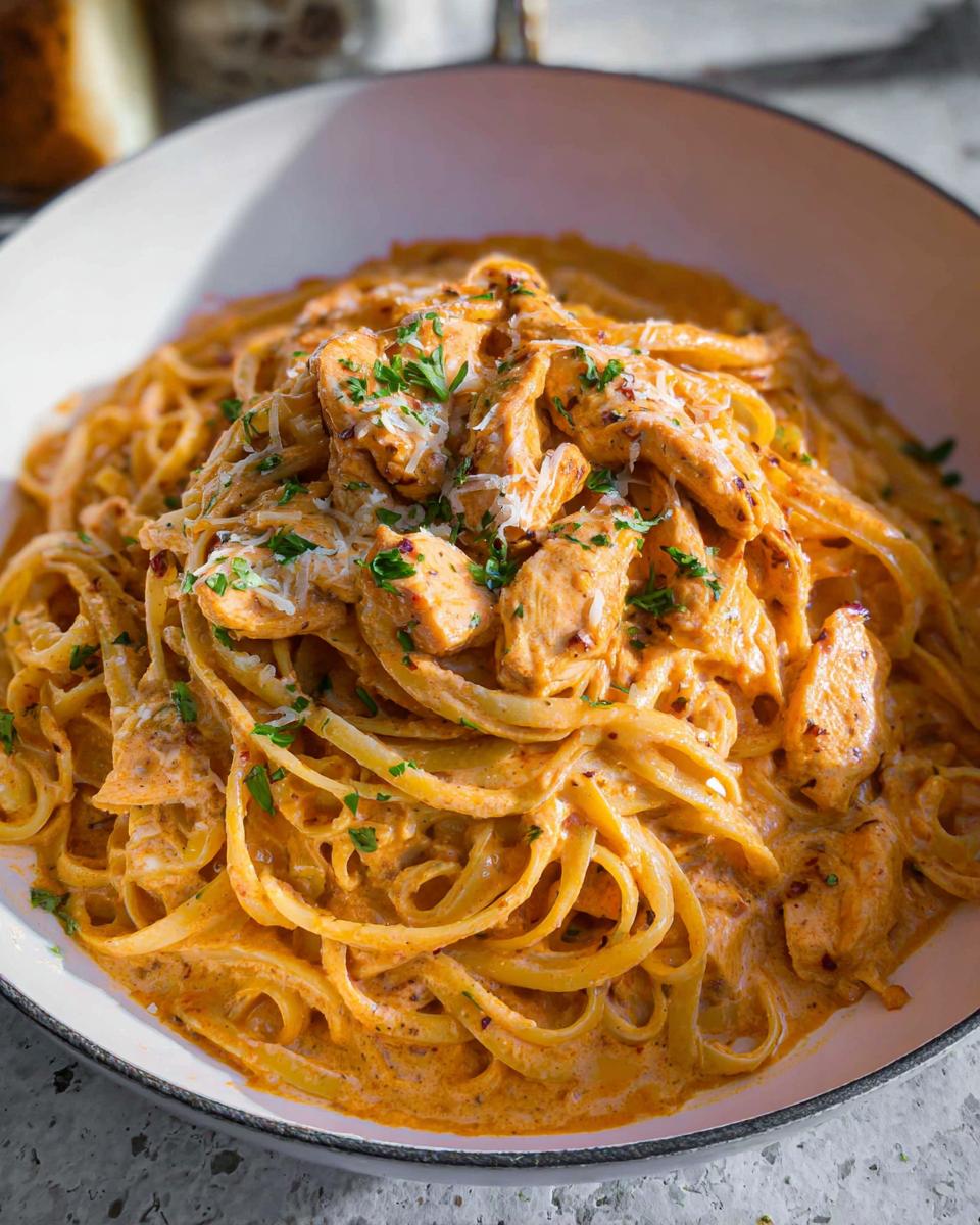 A close-up view of a generous serving of Creamy Cajun Chicken Pasta featuring linguine noodles coated in a rich, orange sauce, topped with chicken pieces and parsley.