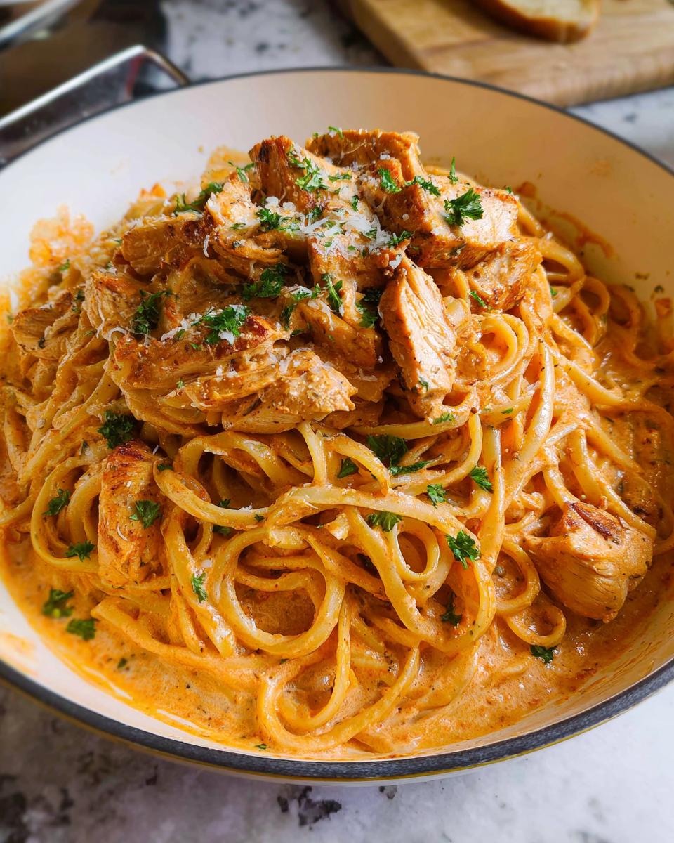 A close-up shot of a bowl filled with rich, orange-hued Creamy Cajun Chicken Pasta topped with seasoned chicken pieces.