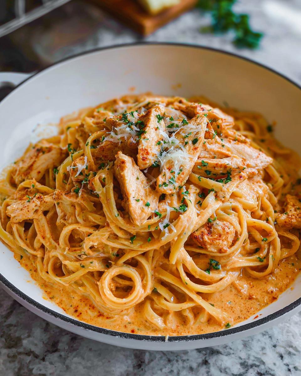 Close-up of a bowl filled with Creamy Cajun Chicken Pasta, featuring linguine, sliced seasoned chicken, and a sprinkle of Parmesan cheese.