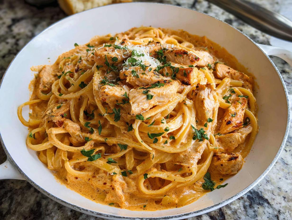 A close-up of Creamy Cajun Chicken Pasta featuring linguine tossed in a rich, orange-hued sauce with seasoned chicken chunks and parsley.