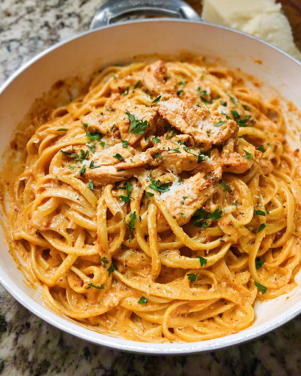 Close-up of rich Creamy Cajun Chicken Pasta with sliced chicken, cheese, and parsley in a white serving dish.