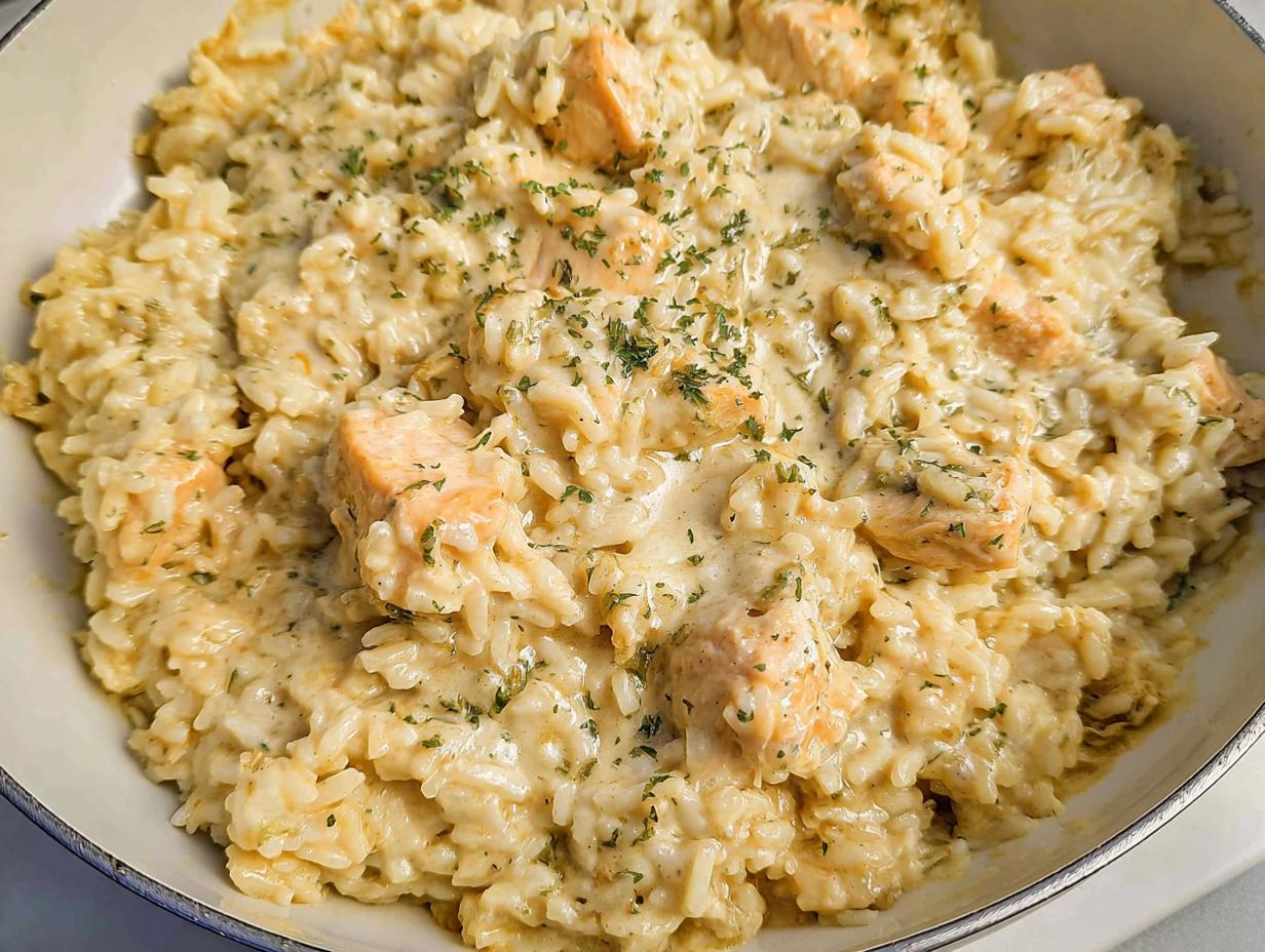 Close-up of a rich Creamy Chicken and Rice Skillet, featuring tender chicken pieces in a thick, creamy sauce with rice.