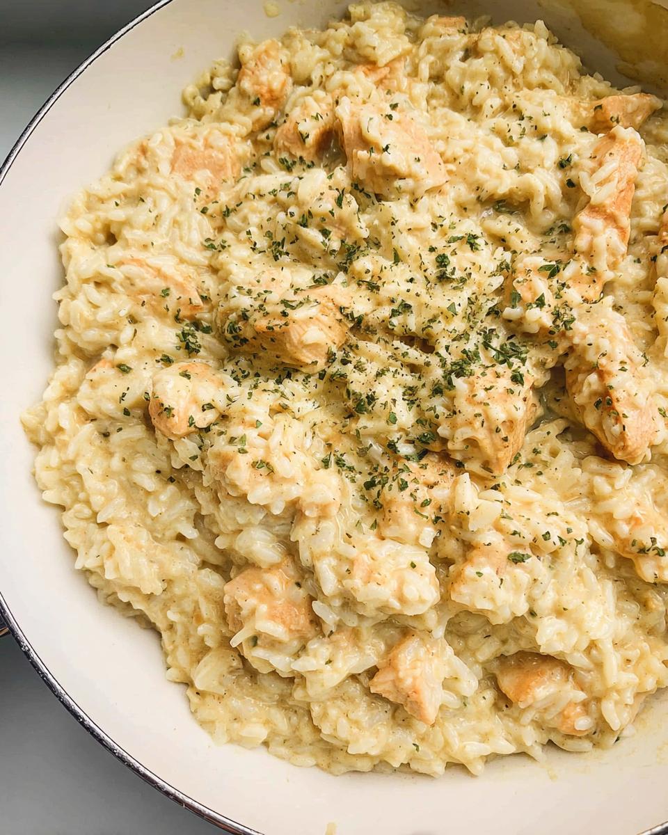 Close-up of creamy chicken and rice skillet, featuring chunks of chicken mixed into rich rice and topped with dried herbs.