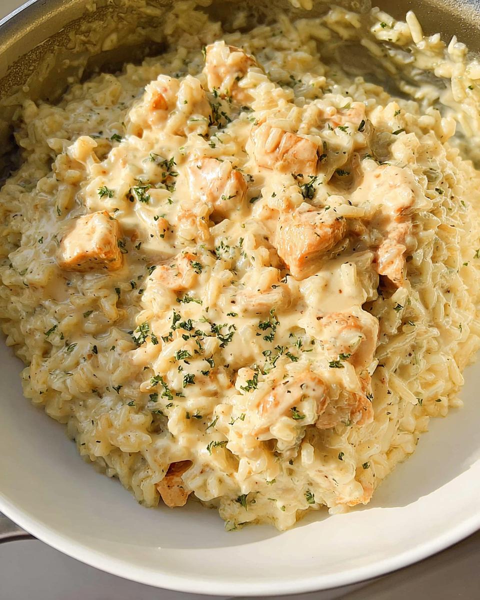 A close-up view of a serving of rich, creamy chicken and rice skillet, topped with chopped parsley.