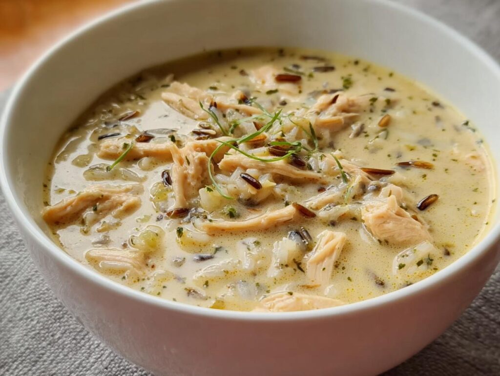 A close-up shot of a white bowl filled with rich, creamy chicken and wild rice soup, garnished with herbs.