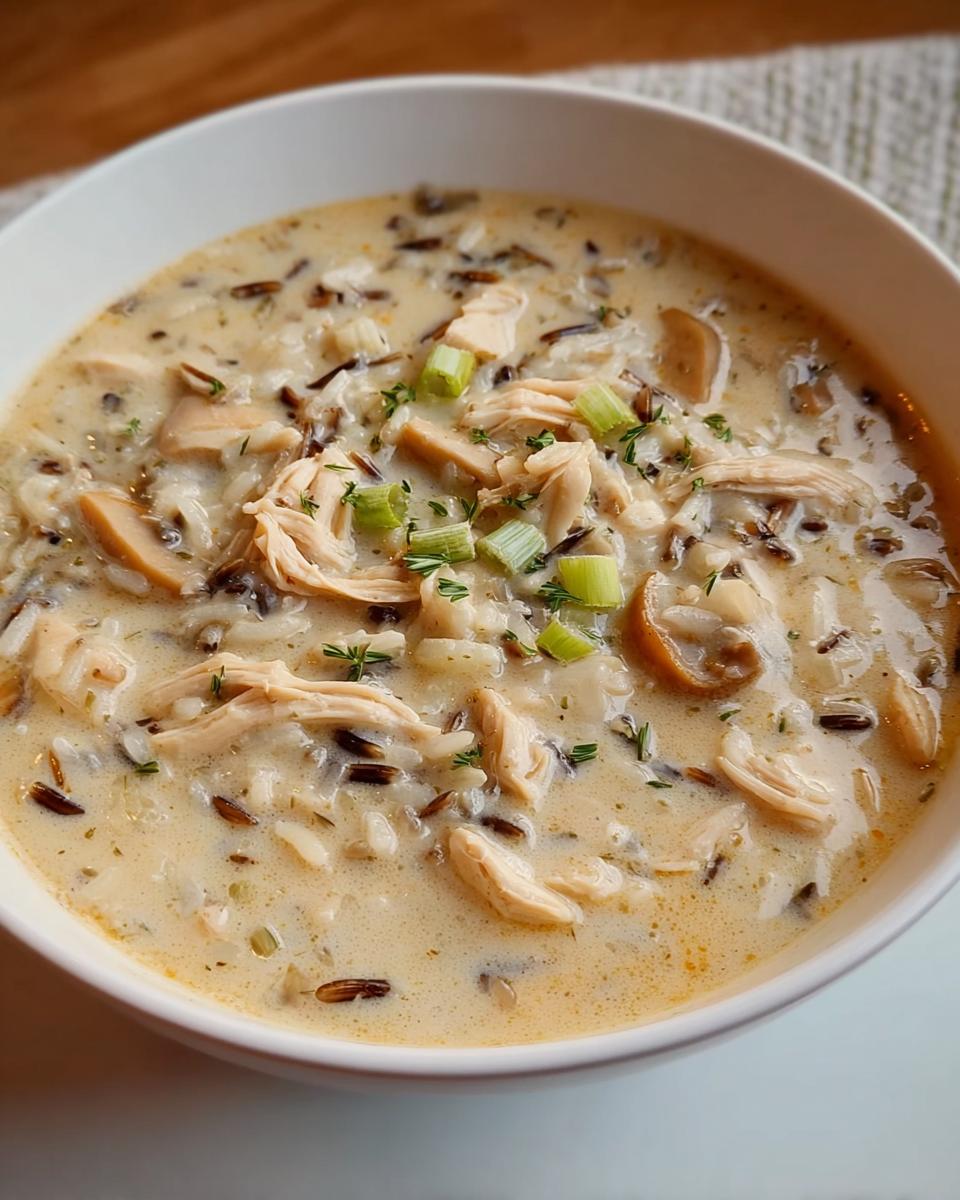 A close-up view of a bowl filled with rich, creamy chicken and wild rice soup, garnished with shredded chicken and green onions.