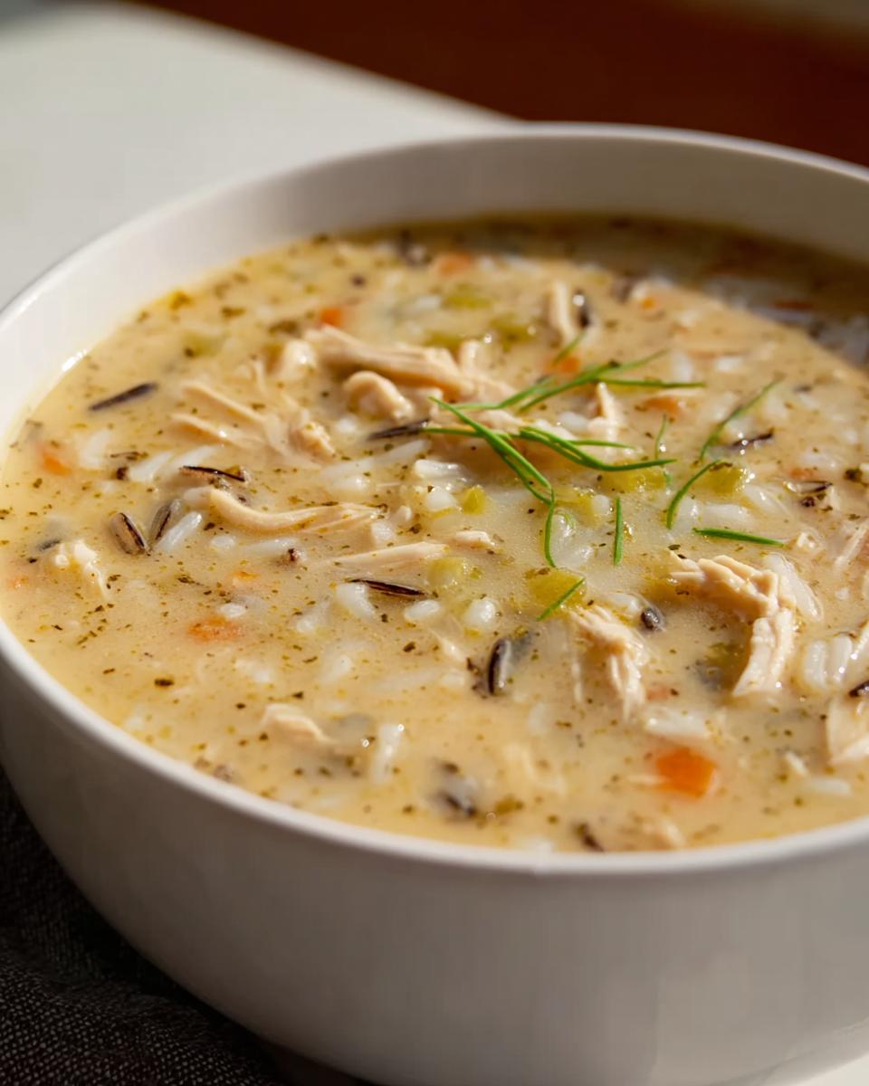 A close-up of a white bowl filled with rich, creamy chicken and wild rice soup, garnished with herbs.