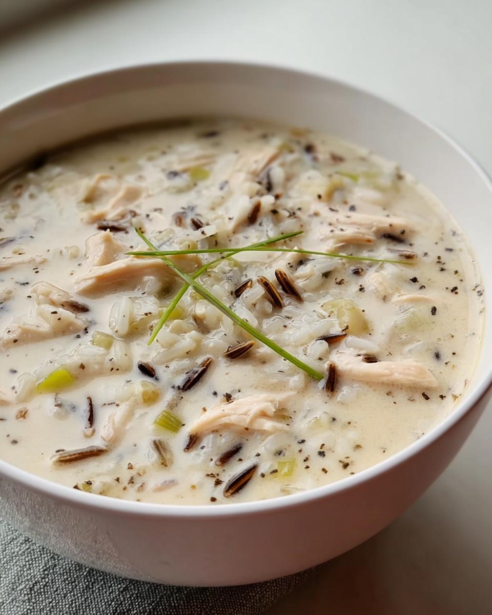 A close-up of a white bowl filled with rich Creamy Chicken and Wild Rice Soup, garnished with chives.
