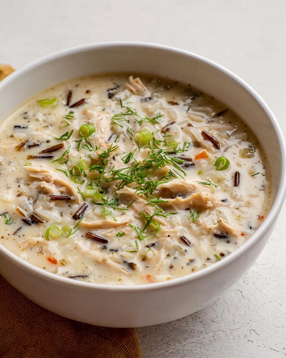 Close-up of a white bowl filled with rich Creamy Chicken and Wild Rice Soup, garnished with fresh dill.