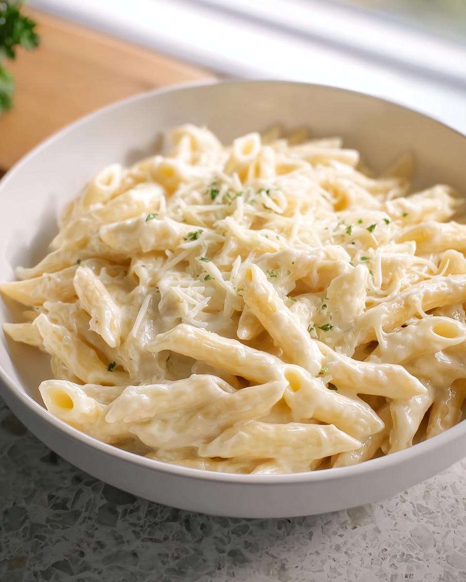 A close-up of a white bowl filled with rich Creamy Garlic Penne Pasta, topped with grated cheese and parsley.
