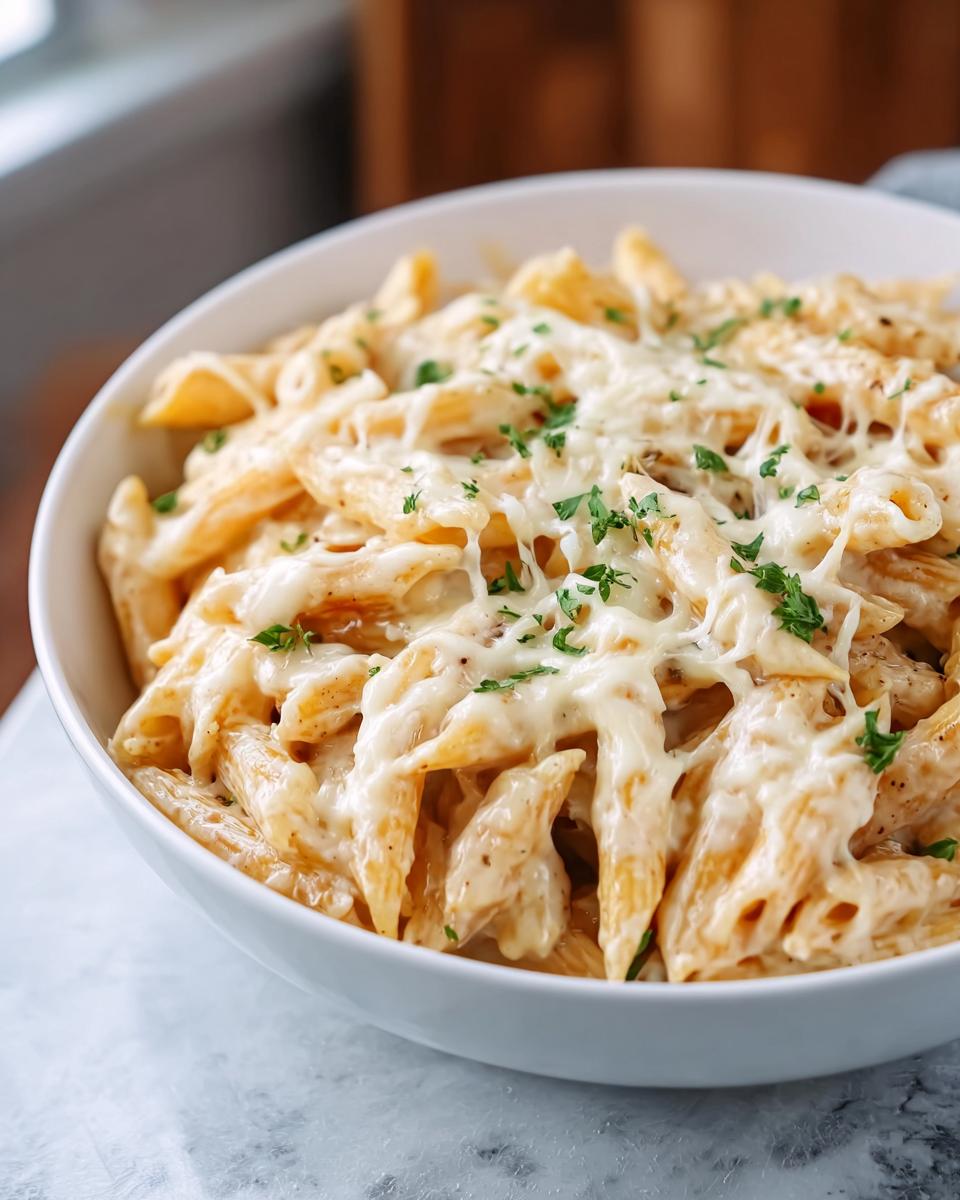 A close-up of a white bowl filled with rich Creamy Garlic Penne Pasta topped with melted white cheese and fresh parsley.