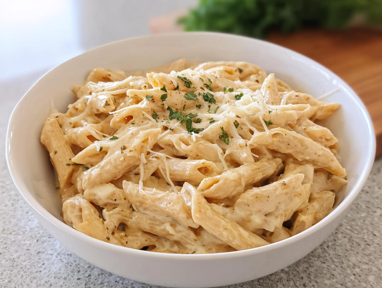 A close-up of a white bowl filled with rich Creamy Garlic Penne Pasta, topped with grated cheese and fresh parsley.