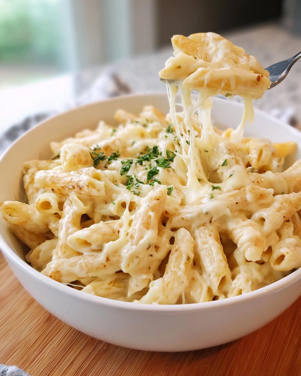 A fork lifts penne pasta from a bowl, showing long, satisfying cheese pulls from the Creamy Garlic Penne Pasta.