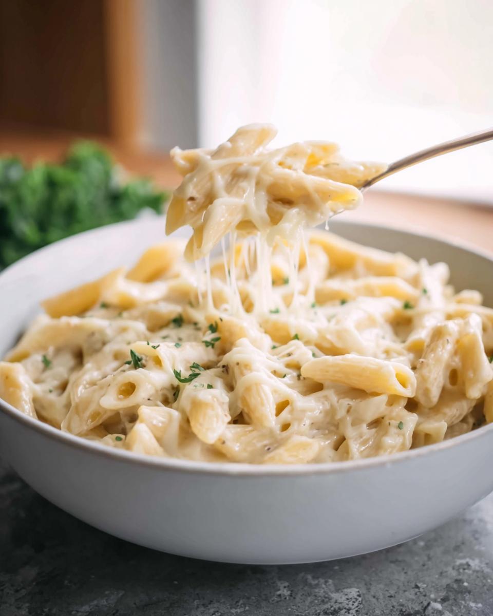 A fork lifting penne pasta covered in rich sauce, showing a dramatic cheese pull from a bowl of Creamy Garlic Penne Pasta.