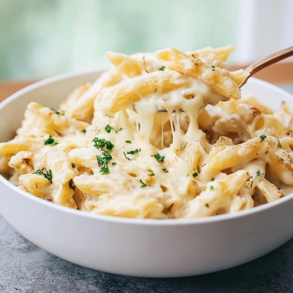 Close-up of a fork lifting penne pasta from a bowl, showing long, stretchy cheese pulls in the Creamy Garlic Penne Pasta.