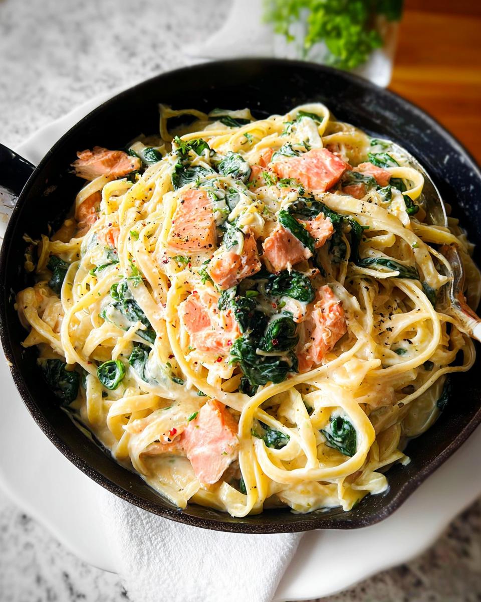 Close-up of Creamy Garlic Salmon Pasta Skillet featuring fettuccine, pink salmon chunks, and wilted spinach in a dark skillet.