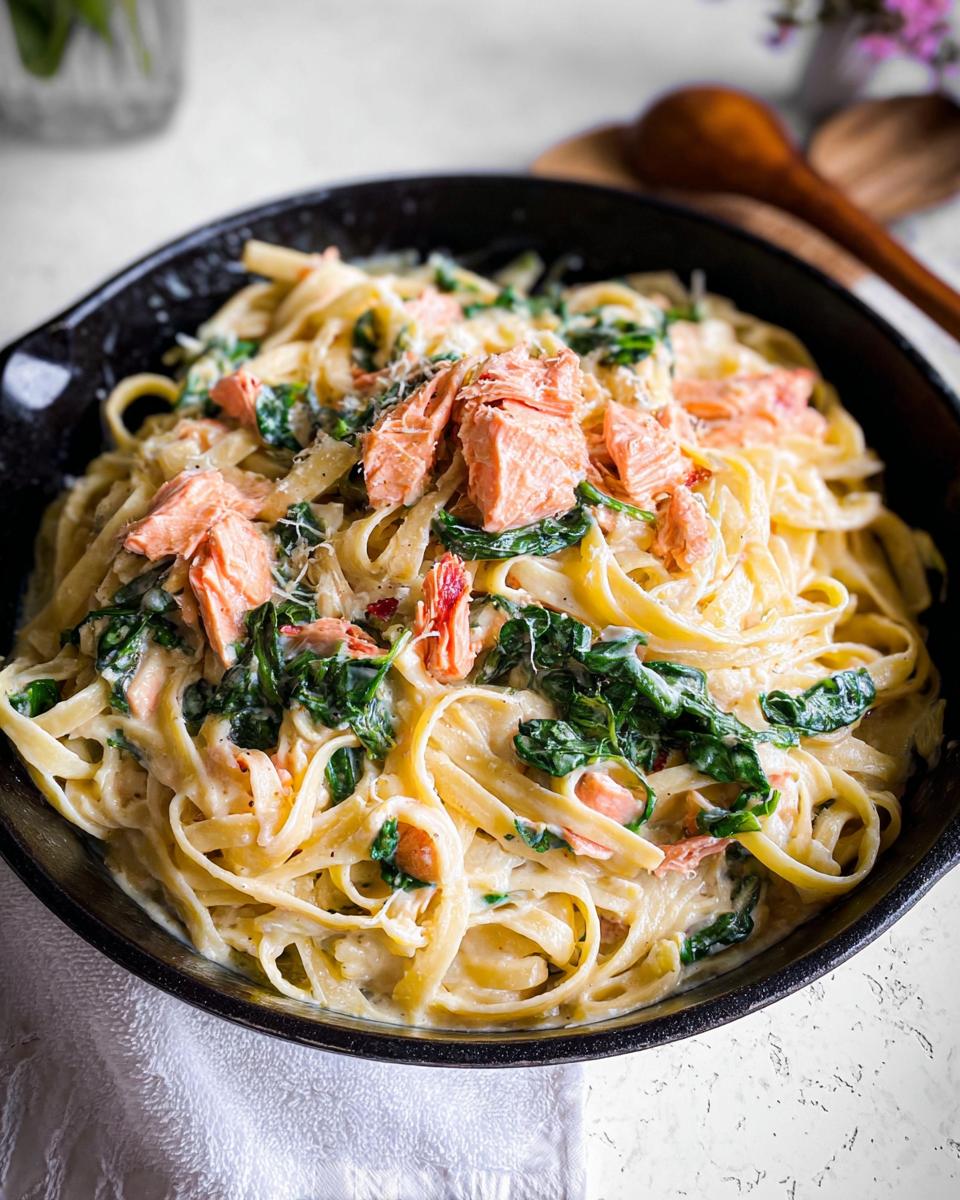 Close-up of Creamy Garlic Salmon Pasta Skillet featuring fettuccine, flaked salmon, and wilted spinach in a black pan.
