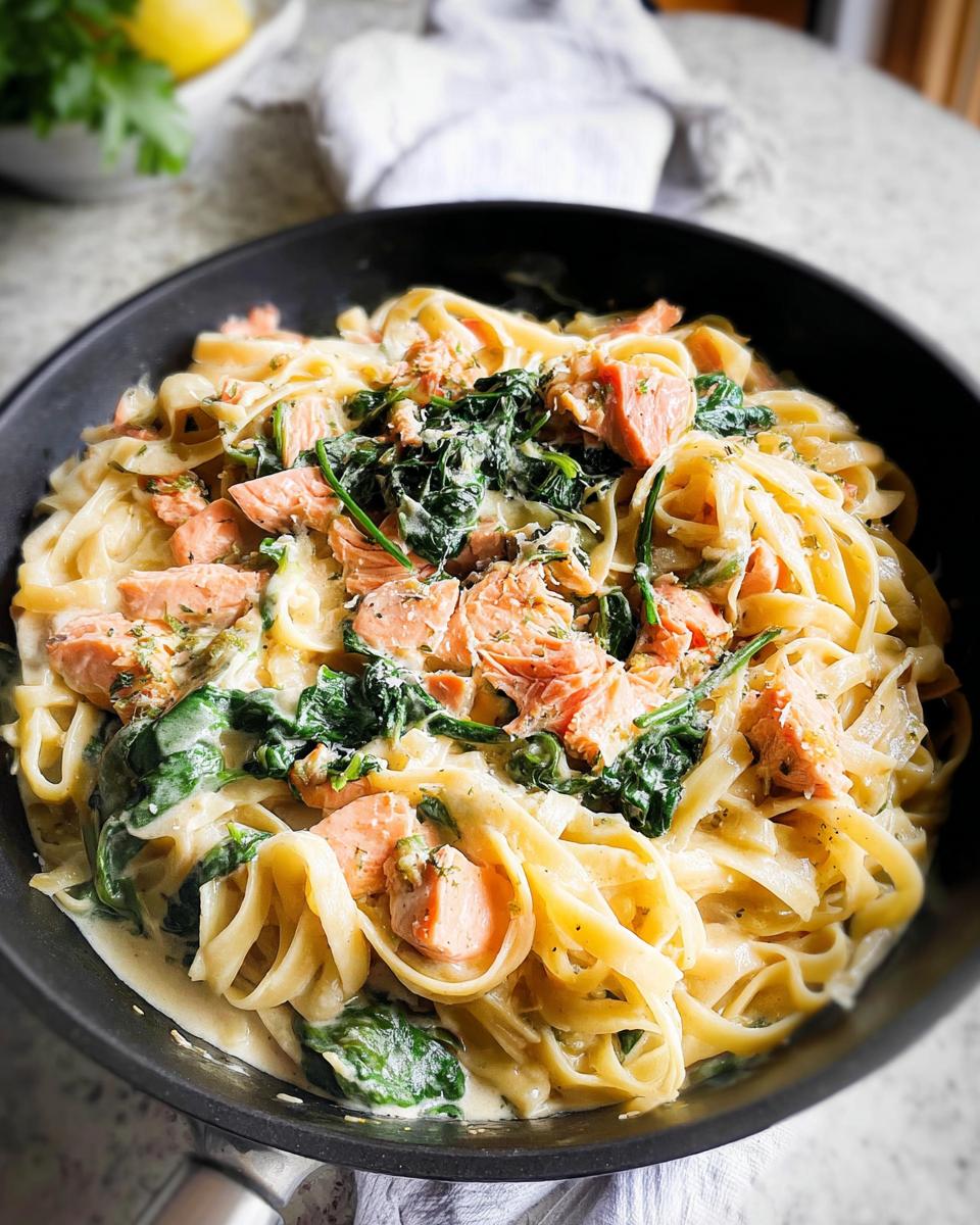 Close-up of Creamy Garlic Salmon Pasta Skillet with fettuccine, pink salmon chunks, and wilted spinach in a black pan.