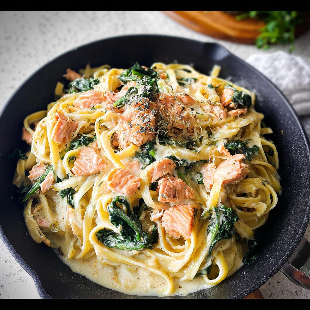 Close-up of Creamy Garlic Salmon Pasta Skillet with fettuccine, salmon chunks, and spinach in a black skillet.